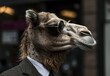 Stylish camel in sunglasses and suit posing in urban setting