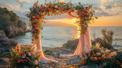 Dreamy Beach Wedding with Flowing Fabrics and Flowers, generative ai