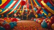Festive circus tent interior with colorful balloons
