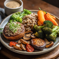 Wall Mural - A plate of food with a variety of vegetables and meat. The plate is on a wooden table
