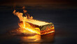 Burning gold, dark background, gold price, inflation, supply and demand.