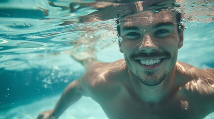 underwater portrait of happy male in swimming pool.