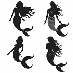 Wall Mural - Black silhouette vector illustration collection of beautiful mermaid over white background.