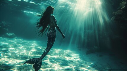 Wall Mural - Beautiful mermaid swimming underwater in deep sea.