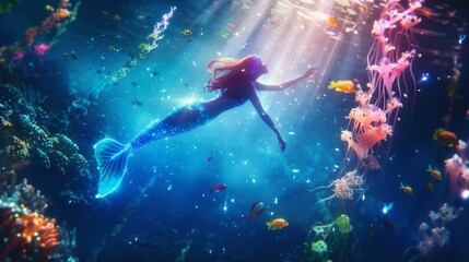 Wall Mural - Beautiful glowing mermaid swimming underwater in deep sea.
