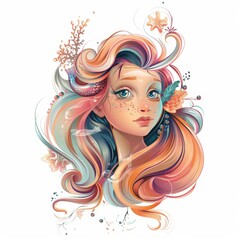 Wall Mural - Vector illustration head portrait of a beautiful mermaid. Cartoon character.