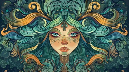 Beautiful head closeup portrait of a mermaid with intrinsic patterns.