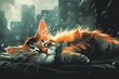 Dreamy Cat Napping Peacefully Amidst Stylized Rain Shower.