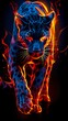 A leopard is running through the flames. A magical creature made of fire.