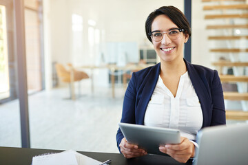 Canvas Print - Portrait, tablet and woman in office, glasses and confidence for project, editor and corporate. Public relations, review and proofreading of articles, technology and online for company and web