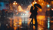 A couple dancing in the rain, enjoying each other's company. Happiness, love, health, freedom