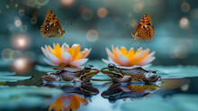 A Pair Of Frogs On Lily Pads With Butterflies' Overhead