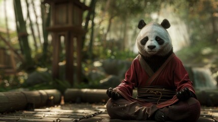 Wall Mural - 3D cartoon character of a panda doing meditation in bamboo forest.