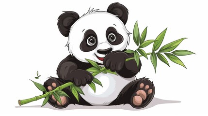 Wall Mural - a cute panda with bamboo leaves over white background