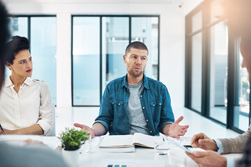 Aufkleber - Team, planning and ideas in brainstorming with session in boardroom at office for business or startup as colleagues. Group, collaboration and meeting for company with notebook, listening and talking