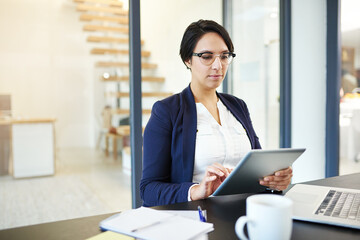 Poster - Office, typing and woman with tablet for research, business plan or online account coordination at desk. Notes, risk management and businesswoman with digital app for review, email or admin report