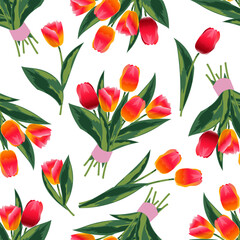 Wall Mural - Bouquet of scarlet tulips with green leaves on a white background form a spring seamless pattern for textiles and wrapping paper. Vector.