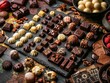A decadent spread of various gourmet chocolates, beautifully arranged, showcasing an array of textures and flavors