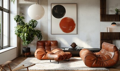 Wall Mural - Modern home interior with poster, plants and brown leather furniture.