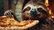 Cute handsome sloth eating pizza