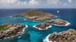 a remote island surrounded by natural rocks. amazing blue sea. aerial view
