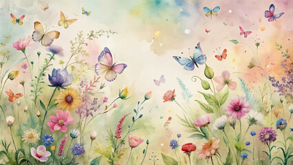  Wildflower watercolor background with colorful butterflies