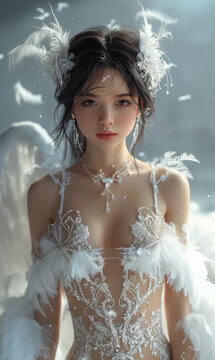 Beautiful young woman high fashion bikini wedding dress with diamonds,  isolated on a white and gray background.