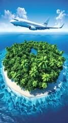 Wall Mural - A plane flying over a heart-shaped island covered in palm trees.