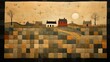 Artistic depiction of rural landscape with patchwork quilt design in earth tones