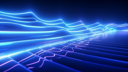 Wall Mural - Futuristic abstract background featuring smooth waves of neon blue light rippling across a dark backdrop, giving a sense of motion and technology