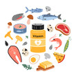 A jar of vitamin D and foods enriched with it. Sea food, fish, meat, dairy products, eggs and vegetables set. Circular composition. Isolated vector illustration, hand drawn, flat