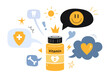 Vitamin D benefits, jar of tablets and speech bubble. Support of the immune, cardiovascular system, good mood, healthy teeth and bones. Isolated cartoon vector illustration, flat