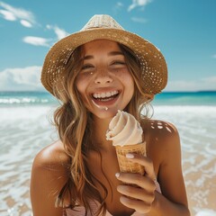 Joyful young woman wearing a hat enjoying an ice cream cone at the beach against a beautiful blue sky