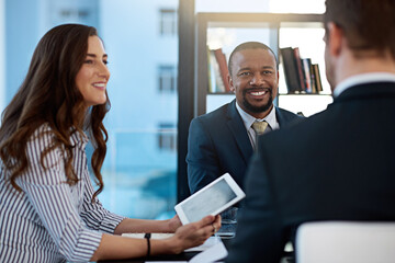 Poster - Teamwork, lawyers or business people on tablet for discussion at law firm for consulting or legal advice. Meeting, collaboration and attorneys on technology for schedule update or feedback review