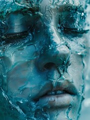 Canvas Print - Close-up of a surreal blue face sculpture with textured details