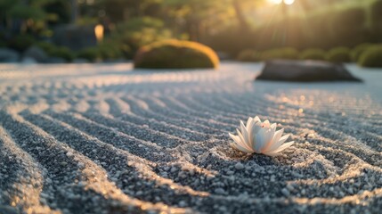 Poster - Serene Zen Garden at Sunset with Lotus Flower