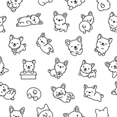  Cute kawaii corgi dog. Seamless pattern. Coloring Page. Funny puppy cartoon animal characters. Hand drawn style. Vector drawing. Design ornaments.