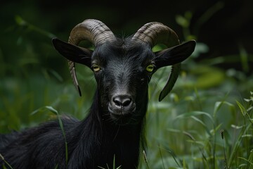 Wall Mural - Portrait of a Black Goat in a Lush Green Field