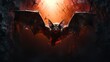 Fierce vampire bat emerges from the dark, fiery cave in a dramatic fantasy portrayal