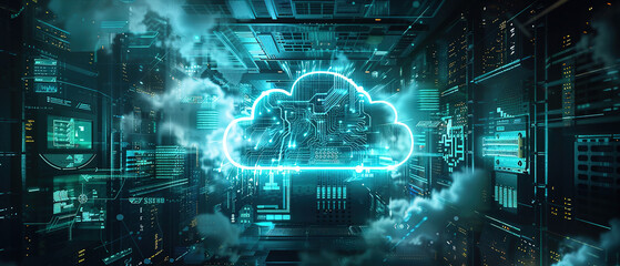 Wall Mural - a banner concept for cloud computing A cloud icon figure, inside it of an interior computer with has circuits and screens inside, with empty copy space