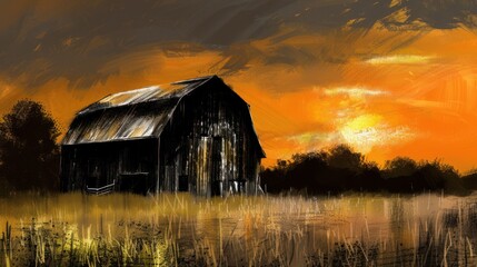 An old, weathered barn sits in a field of tall grass. The sky is an orange and yellow sunset.