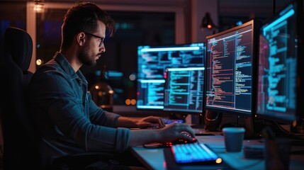 Side view of professional software developer coding program or engineering prompt. Skilled programmer typing computer and laptop while developing system with blurring background. Technology. AIG42.