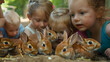 A bunch of joyful kindergarteners gazing at and cuddling red baby rabbits in a schoolyard habitat. It is a close-up capture on a radiant summer day. 