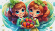 oil painting style CARTOON CHARACTER CUTE E women with long red hear HOLDS delicious ripe strawberries,