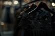 Highend boutique showcasing luxury womens black dress on elegant hanger. Concept Fashion Photography, Luxury Clothing, Elegant Presentation, Woman's Fashion, High-End Boutique