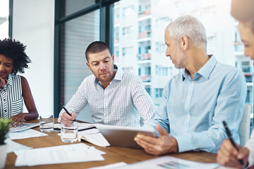 Business people, boardroom and tablet for report on company growth, teamwork and problem solving. Employees, speaking and office for collaboration at global business, plan and meeting for project