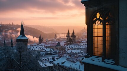 Wall Mural - Beautiful historical buildings in winter with snow and fog in Prague city in Czech Republic in Europe.