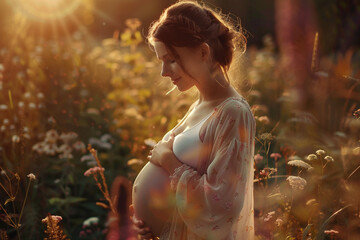 Wall Mural - Joyful pregnant woman gazes at her growing belly with anticipation