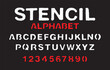 set of letters and numbers of the latin alphabet. Font stencil with white and red paint on black backdrop