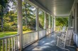 A spacious front porch with rocking chairs, overlooking the lush green lawn view framed by towering oak trees and bathed in sunlight, creating a serene atmosphere perfect for relaxation Generative AI
